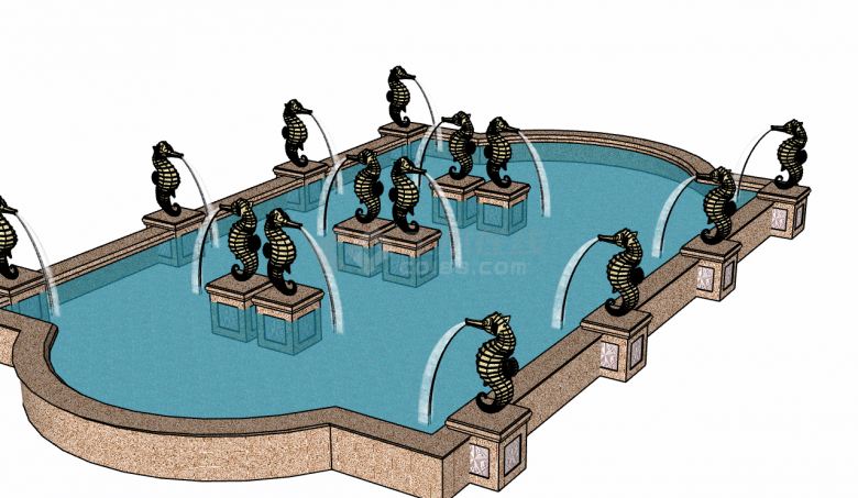海马喷水式现代跌水su模型-图二