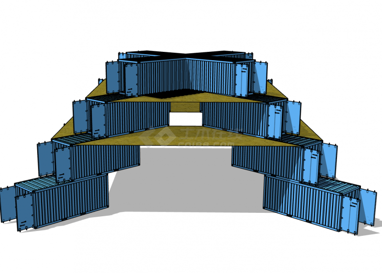四方阶梯型蓝色集装箱改造民宿餐厅su模型-图二