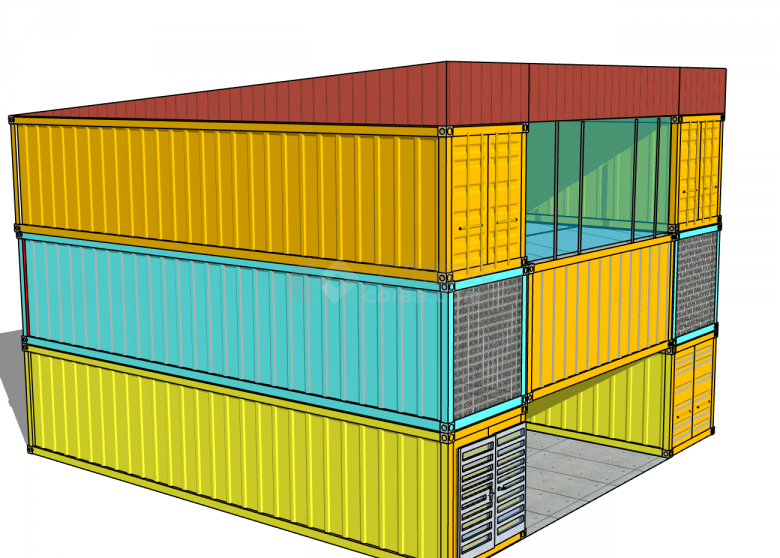 三层中型彩色集装箱su模型-图二