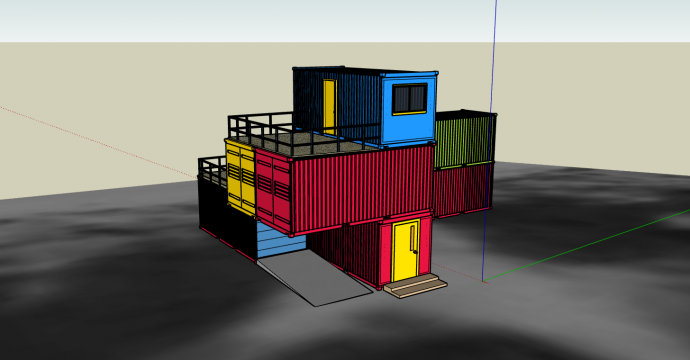 工业风三层彩色不规则形集装箱式餐厅su模型_图1