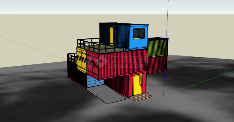 工业风三层彩色不规则形集装箱式餐厅su模型-图一