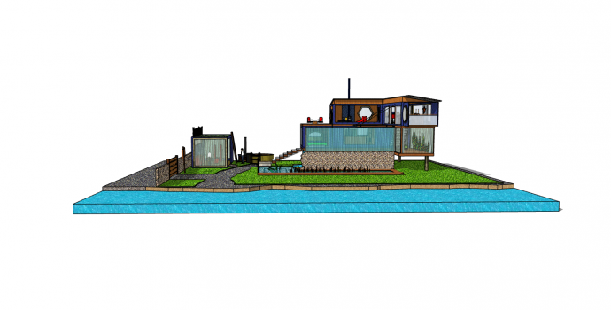 红蓝色双层花园水池集装箱餐厅su模型_图1