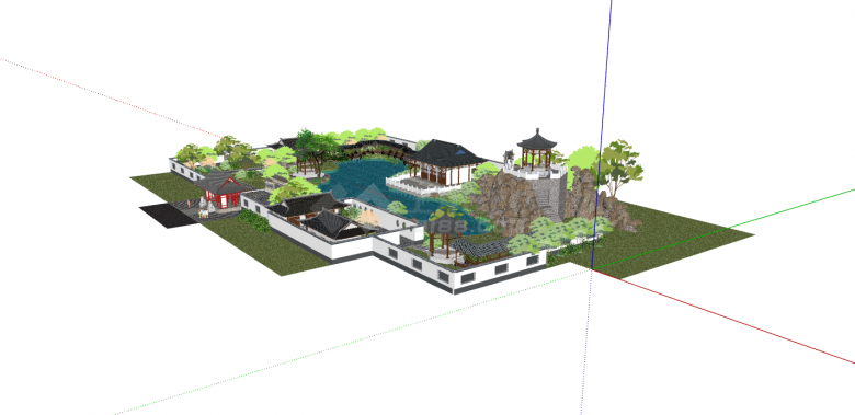白墙黑瓦水池假山古典园林su模型-图二
