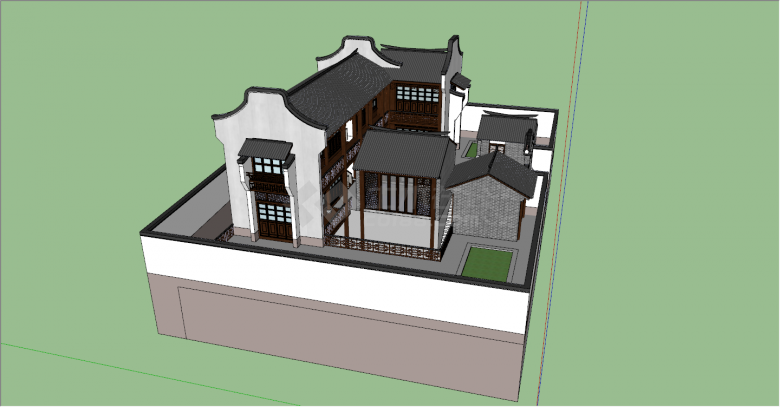 新颖古朴三进院传统古建su模型-图二
