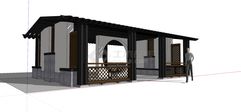 古色古香圆孔亭子廊架su模型-图一