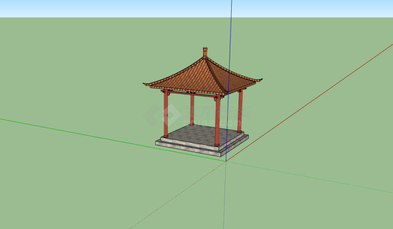 中国风红色喜庆方形四角亭su模型-图一