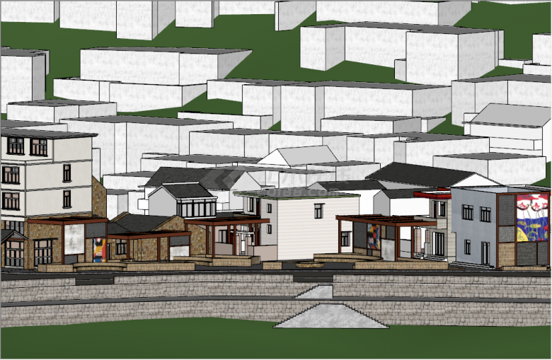 现代中式木构架旧街道街区改造广场SU模型-图二