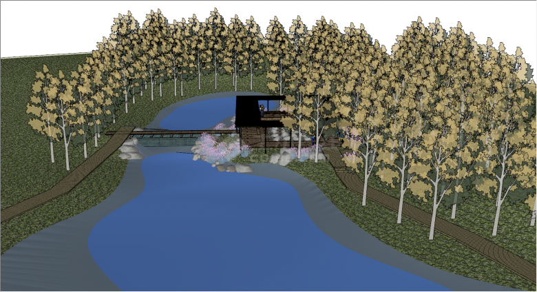 树林环绕小溪流水人物观赏su模型-图二