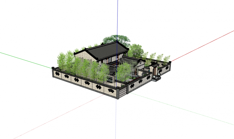 中式树林池塘双层四合院su模型-图二