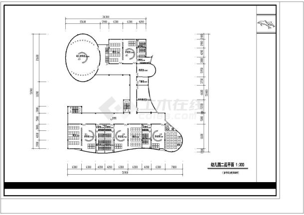 12班：长53.4米 宽51.9米 4层幼儿园建筑方案设计图【各层平面 屋顶平面 1剖面】-图二