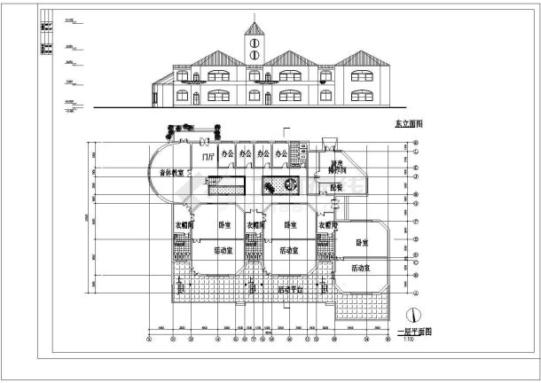 6班：长40米 宽26米 2层幼儿园建筑方案设计图【1-2层平面 2立1剖】-图一