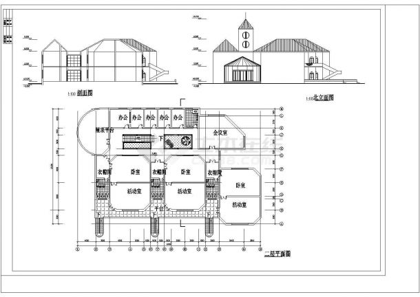 6班：长40米 宽26米 2层幼儿园建筑方案设计图【1-2层平面 2立1剖】-图二