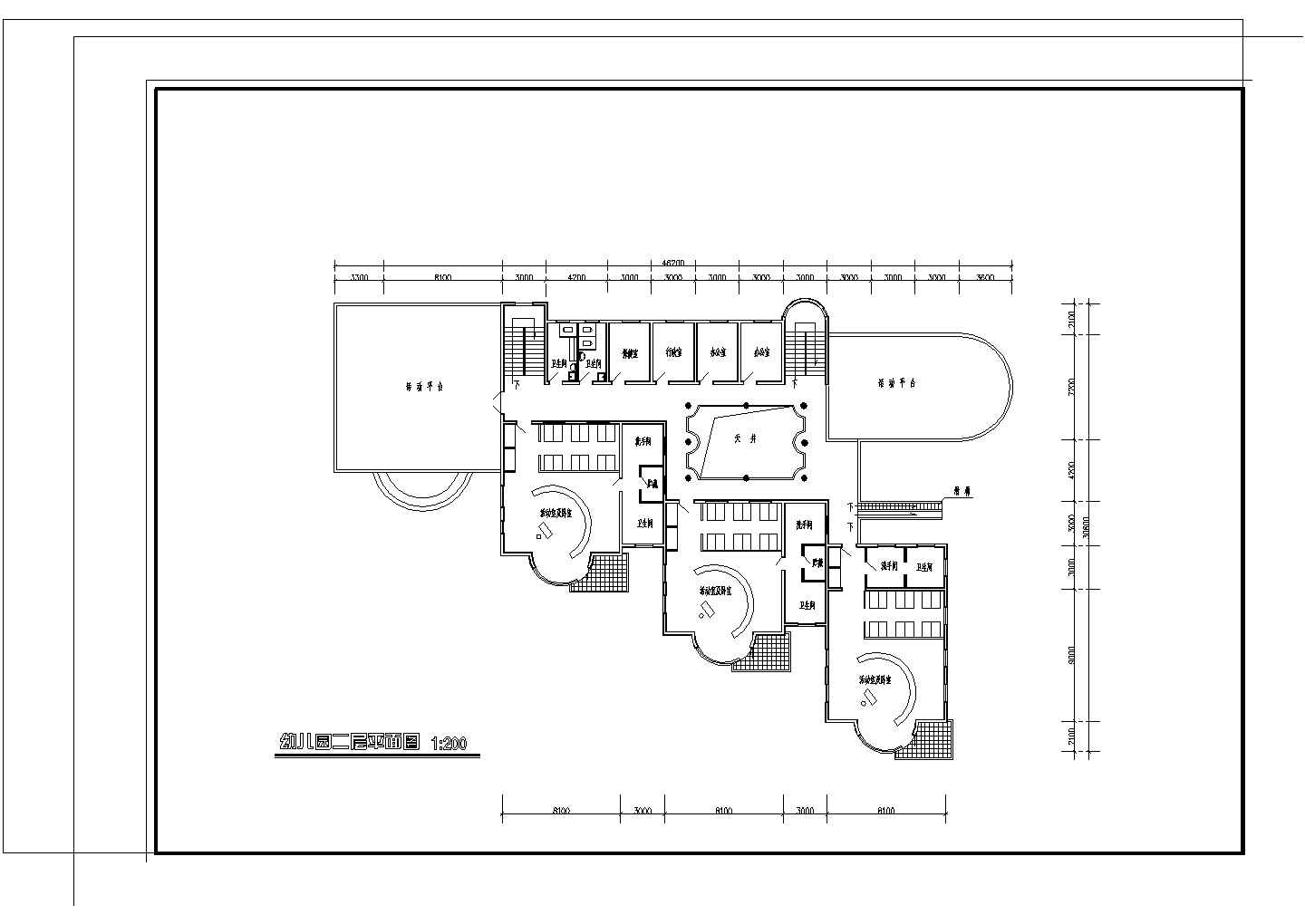 6班：长46.2米 宽30.6米 2层幼儿园建筑方案设计图【1-2层平面 2立1剖】