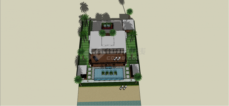 热带沙滩带独立游池式二层别墅建筑su模型-图一