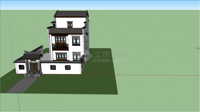 草坪木门阳台瓦砖住宅su模型-图一