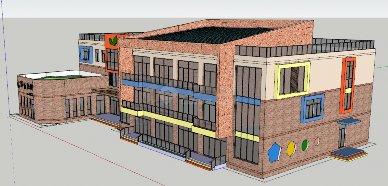红砖外墙顶层绿化幼儿园SU模型-图二