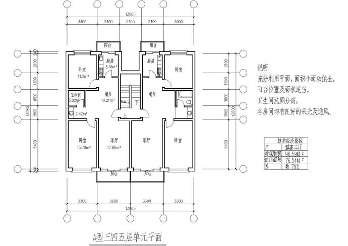 杭州市某小区97+97平米住宅楼标准层平面设计CAD图纸（1梯2户对称型）_图1