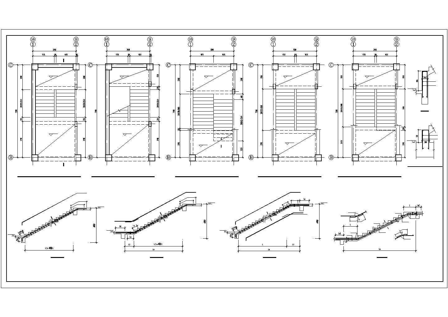 抗震板式楼梯结构图，含平面剖面图及配筋