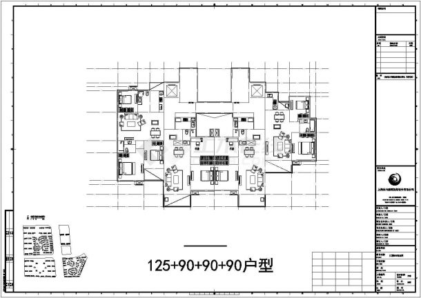 西安丽香花园小区住宅楼标准层平面设计CAD图纸（1梯4户/99x2+118+93）-图一