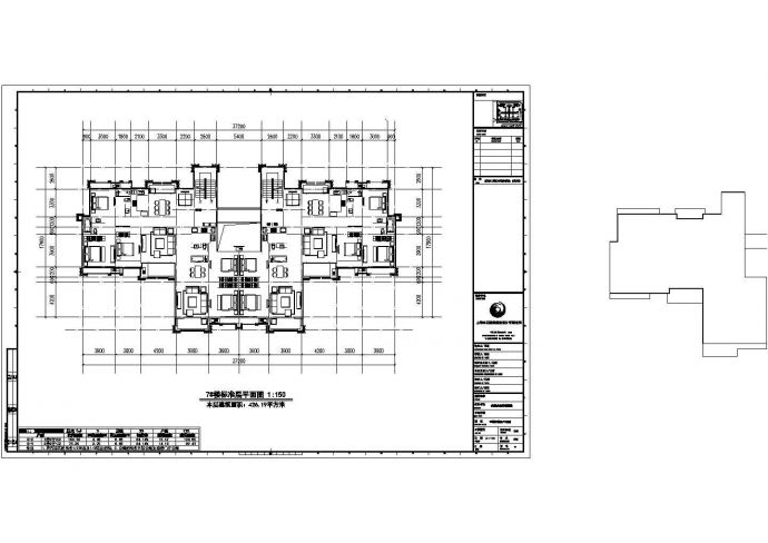 常州银枫花园小区住宅楼426平标准层平面设计CAD图纸（1梯4户/对称型）_图1