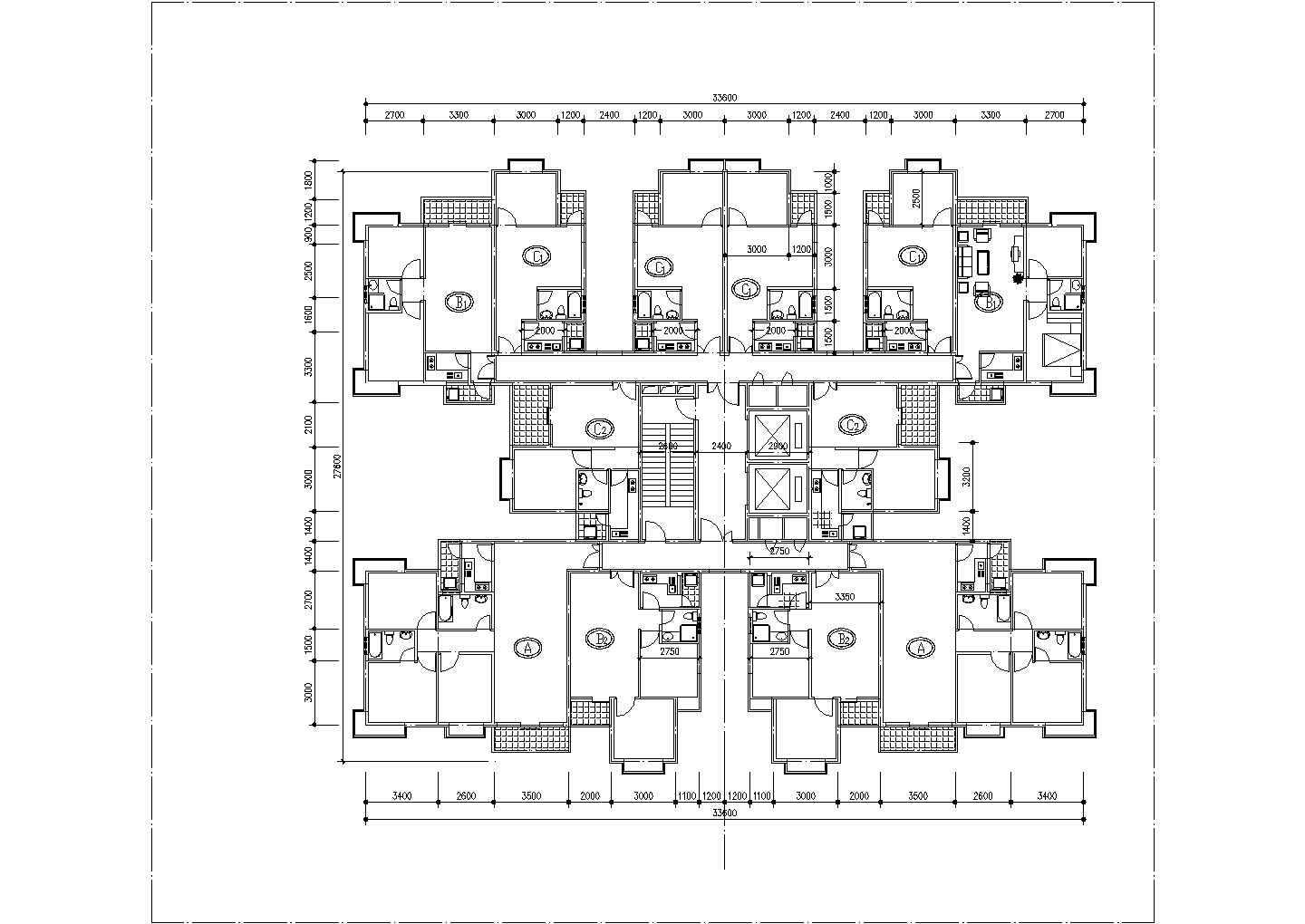 太仓市兰訫花园小区高层公寓住宅楼标准层平面设计CAD图纸（1梯12户）