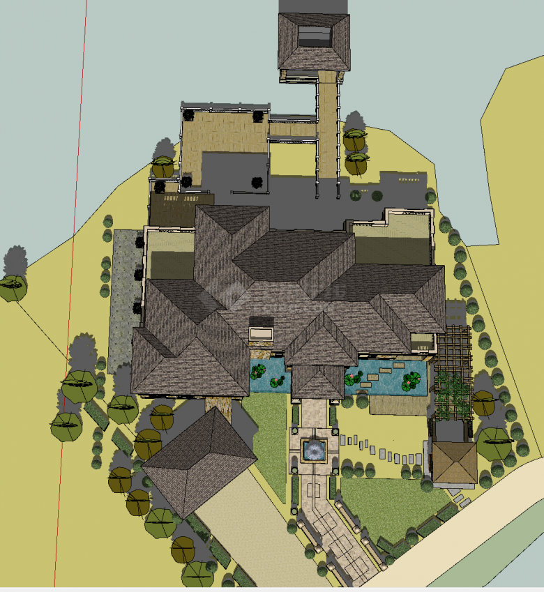 带花园喷泉有独立车库和凉亭的双层别墅su模型-图二