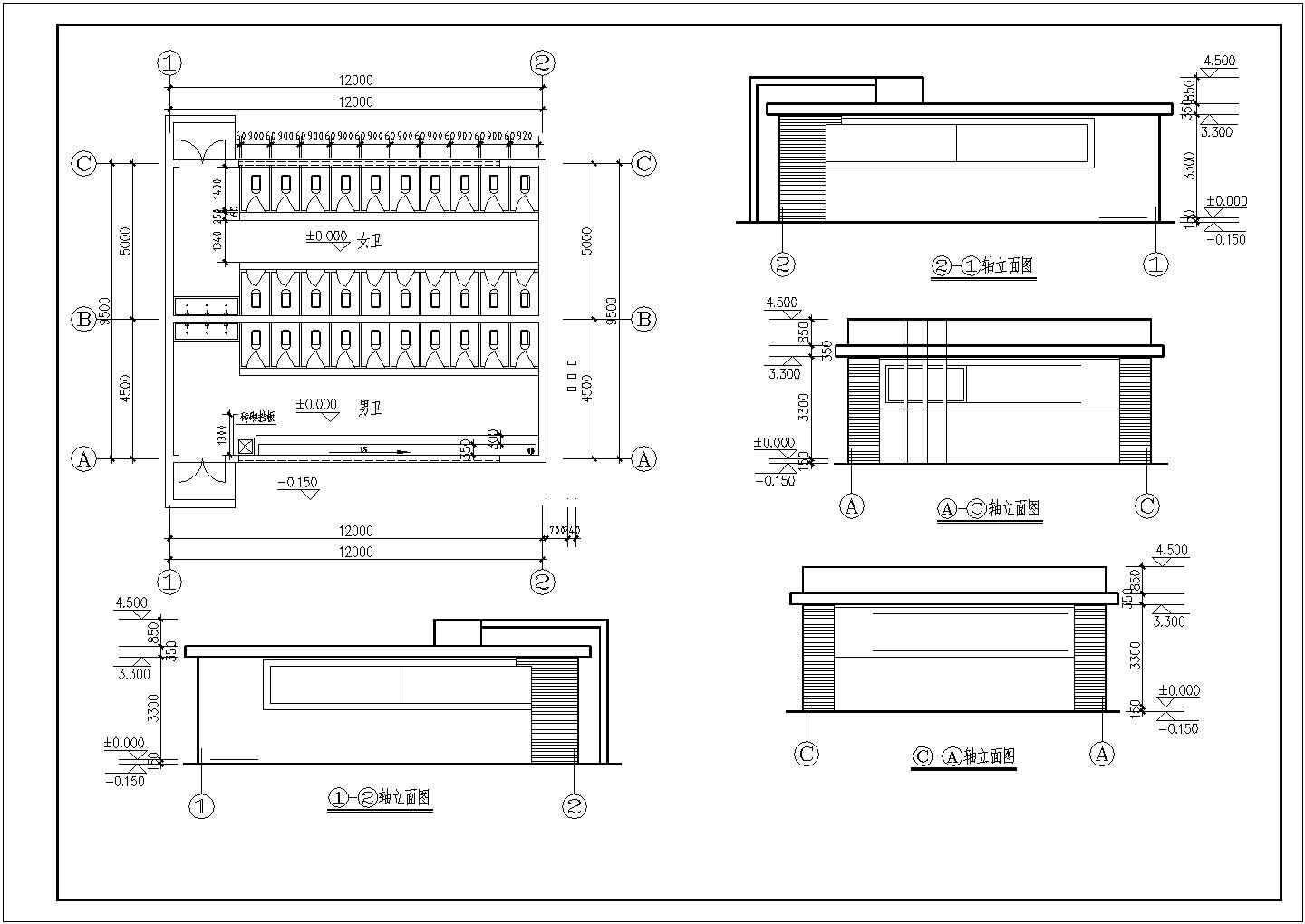 某地公寓二个一层公厕施工设计图纸（含每个公厕的平面布置图 四个立面图）