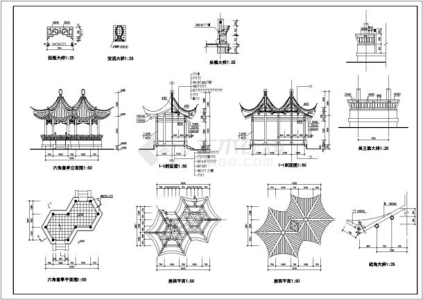 某中式仿古风格六角套亭设计cad全套建筑施工图-图一