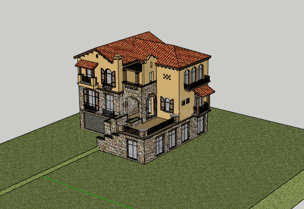红顶现代西班牙别墅单体su模型-图一