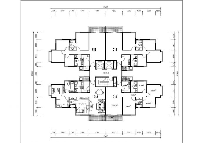 合肥海特花园小区住宅每户117平对称户型设计CAD图纸（1梯4户）_图1