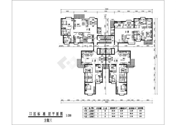 杭州海清园小区115x2+127+130平标准层户型设计CAD图纸（1梯4户）-图一
