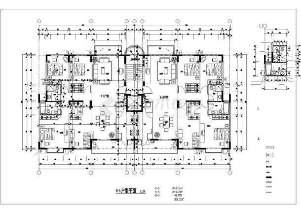 榆林青春雅舍小区住宅每户154平对称户型设计CAD图纸（1梯2户）-图一