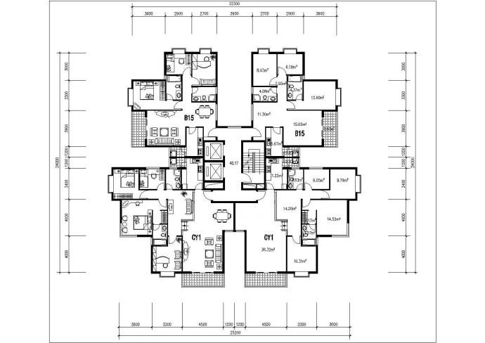 湖州北欧印象小区142+98平米标准层对称户型设计CAD图纸（1梯4户）_图1