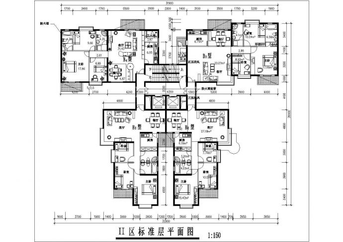 长沙馨宇家园小区115-125平米1梯4户标准层户型设计CAD图纸_图1
