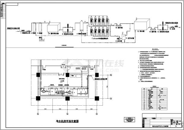 江苏某工程纯净水机房平面及工艺流程图(cad)-图一