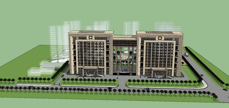 现代化大型带绿化办公楼su模型-图二