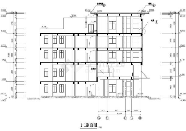某长约30米 宽约30米五层2871平米市图书馆CAD建筑设计方案-图一