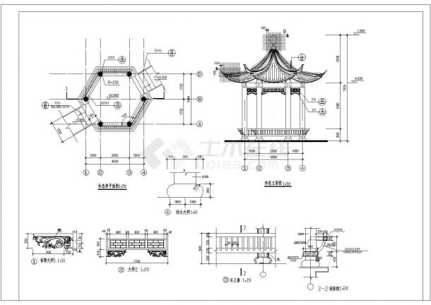 某六角亭CAD完整设计施工大样图-图二