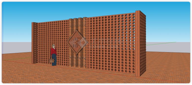 菱形图案红砖矮墙建筑su模型-图一