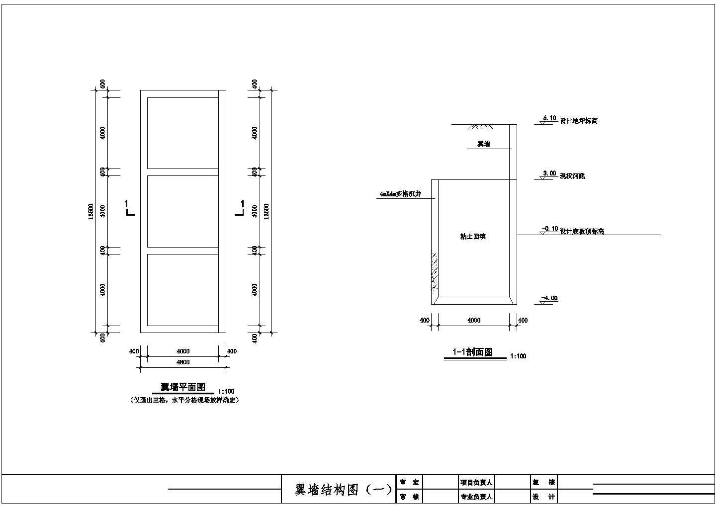 南京某泵站沉井全套施工设计cad图(含翼墙平面图，剖面图)