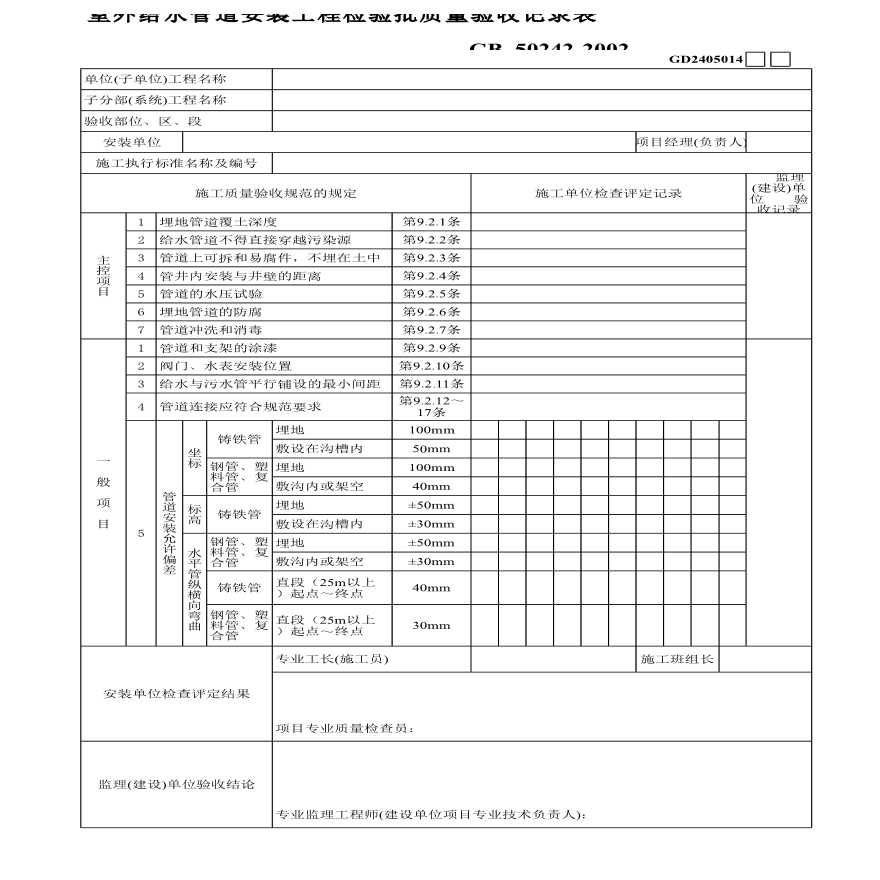 某地区室外给水管道安装工程检验批质量验收记录表详细文档