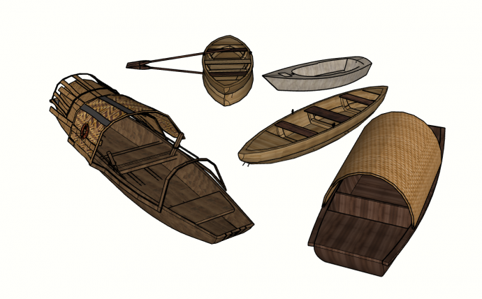三艘木制复古手滑摇船su模型_图1