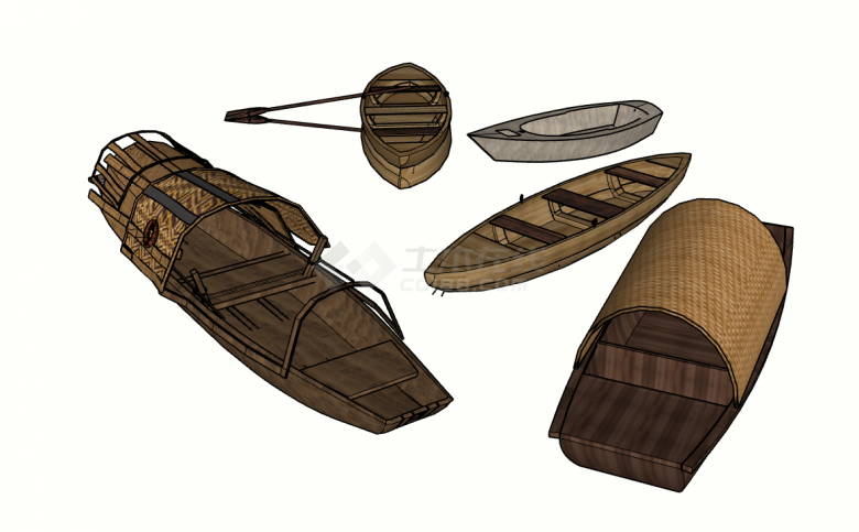 三艘木制复古手滑摇船su模型-图一