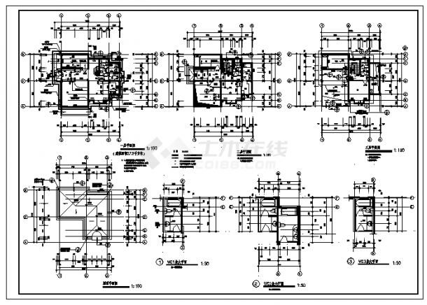 三层别墅建筑施工cad图(含平面图，共三张)-图一