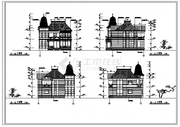 637平方米二层俄罗斯式A栋别墅建筑施工cad图，共四张-图一