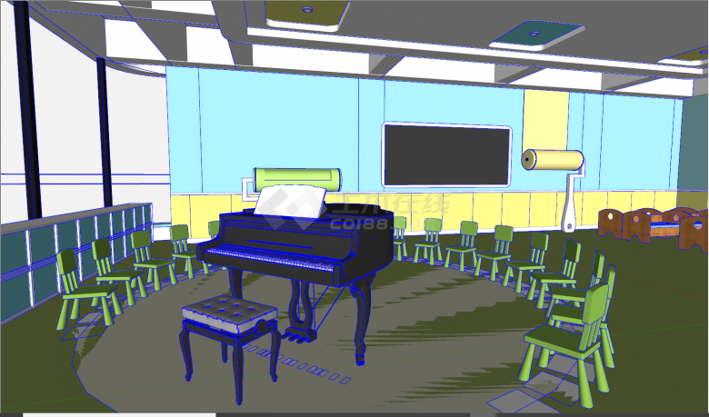 现代带钢琴多功能幼儿园宿舍su模型-图二