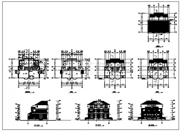 昆山市三层带半地下室银泰花园联体别墅建筑施工cad图，共八张-图一
