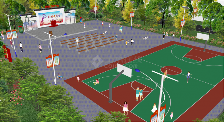 绿树环绕的带篮球场的红色文化广场su模型-图一