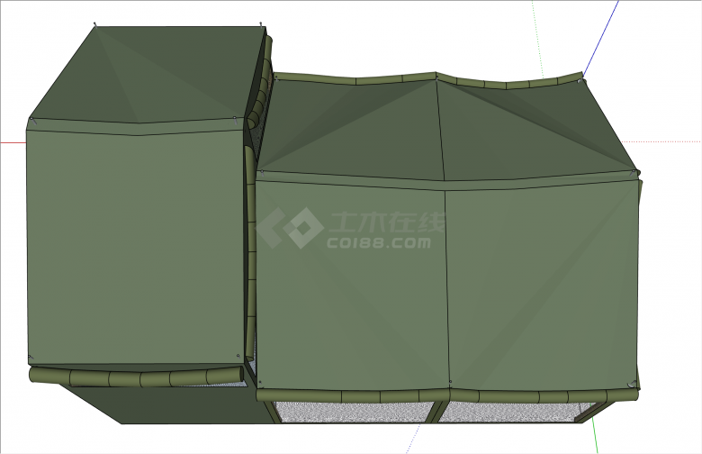 两个拼接绿色露营帐篷su模型-图一
