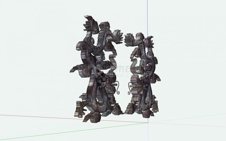深红色对称中国龙雕塑su模型-图二